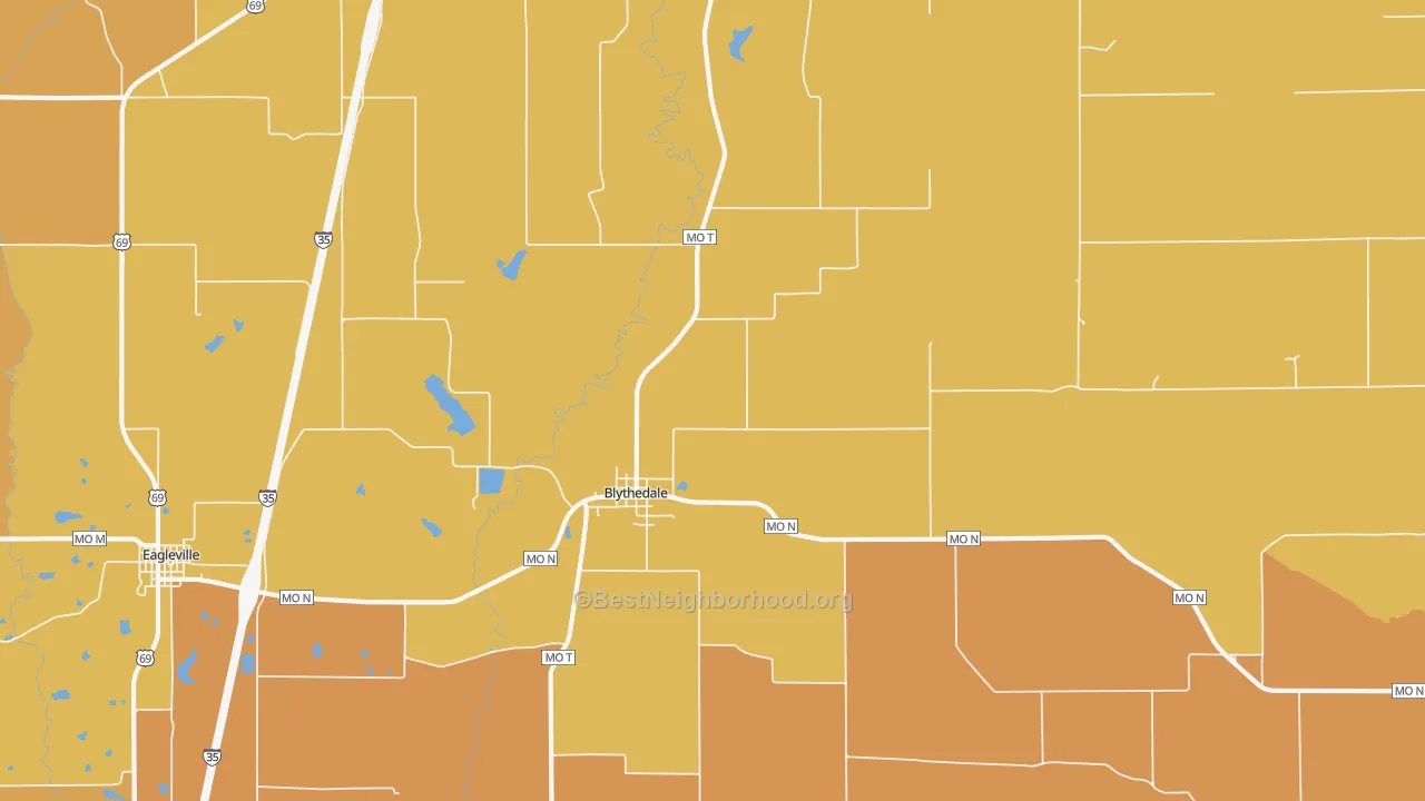 Map of the best neighborhoods in the 64426 area, with better matches in green and worse matches in red