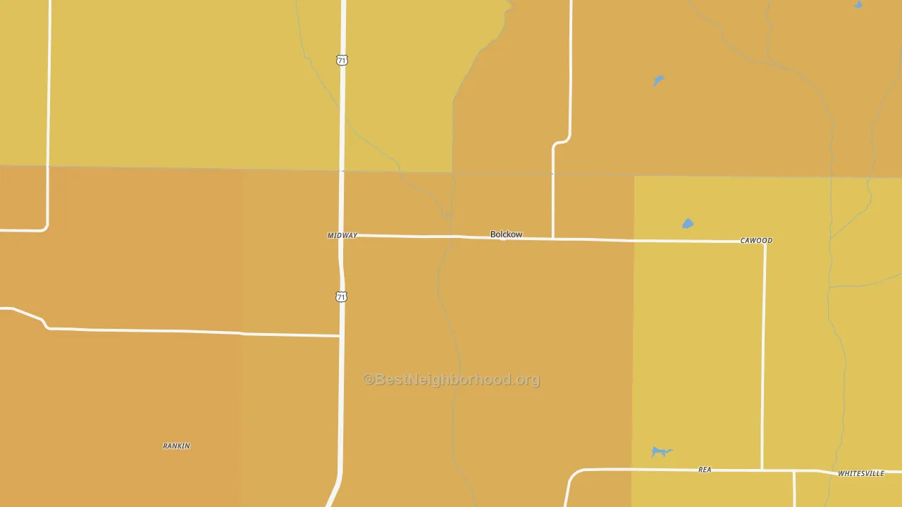 Map of the best neighborhoods in the 64427 area, with better matches in green and worse matches in red