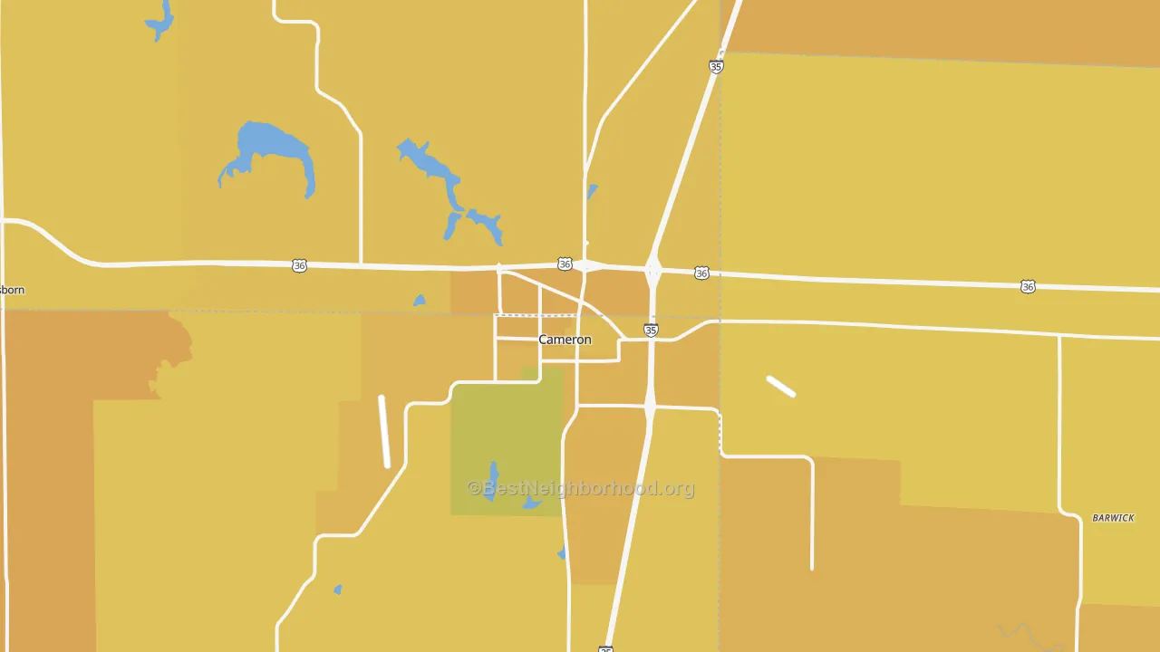 Map of the best neighborhoods in the 64429 area, with better matches in green and worse matches in red