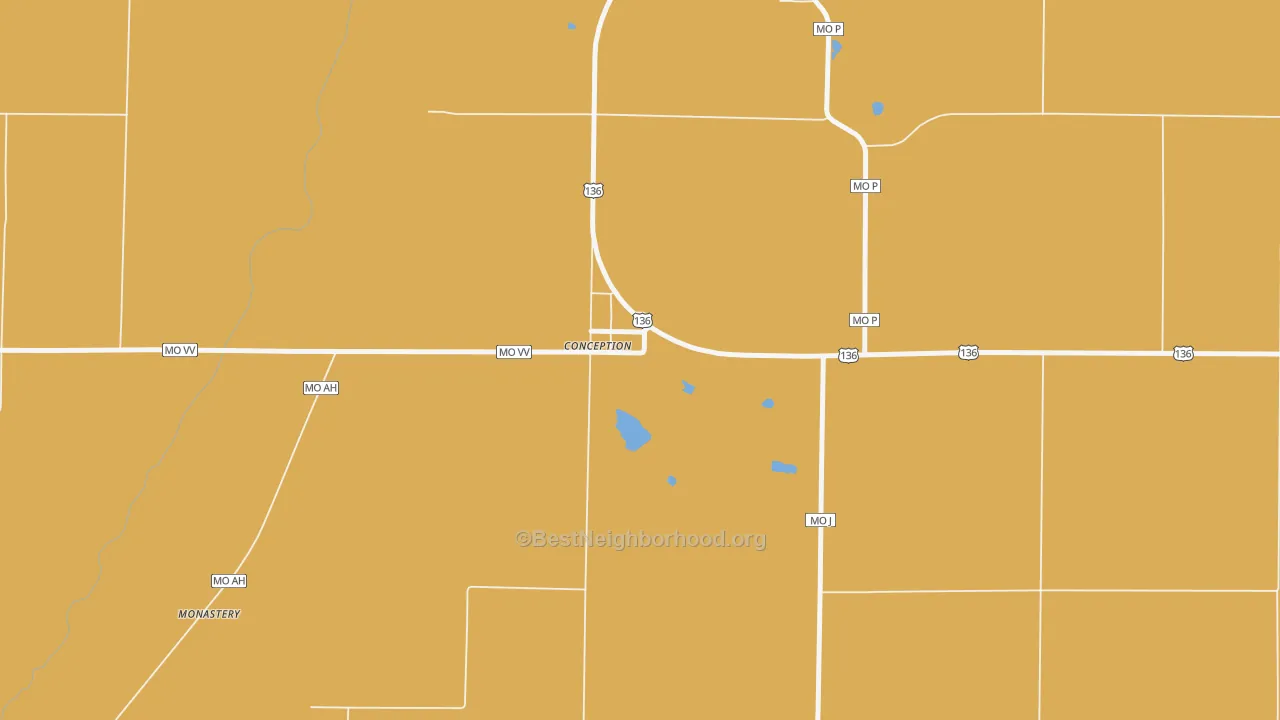 Map of the best neighborhoods in the 64433 area, with better matches in green and worse matches in red