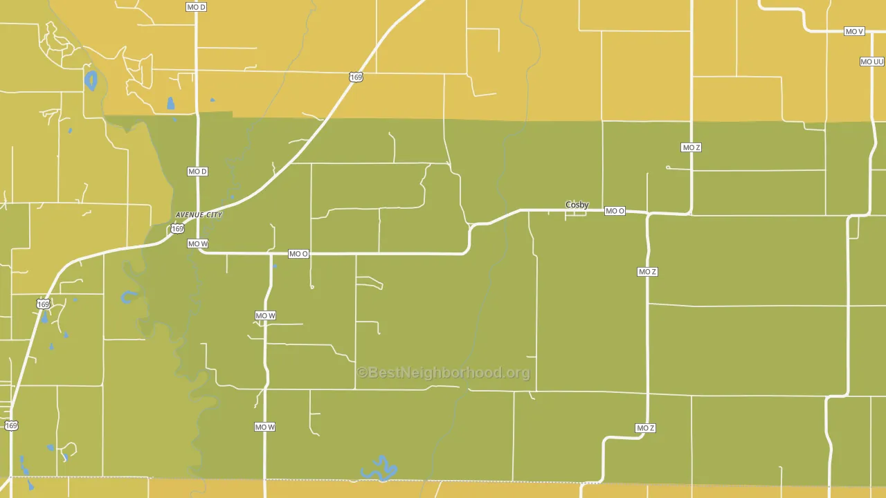 Map of the best neighborhoods in the 64436 area, with better matches in green and worse matches in red