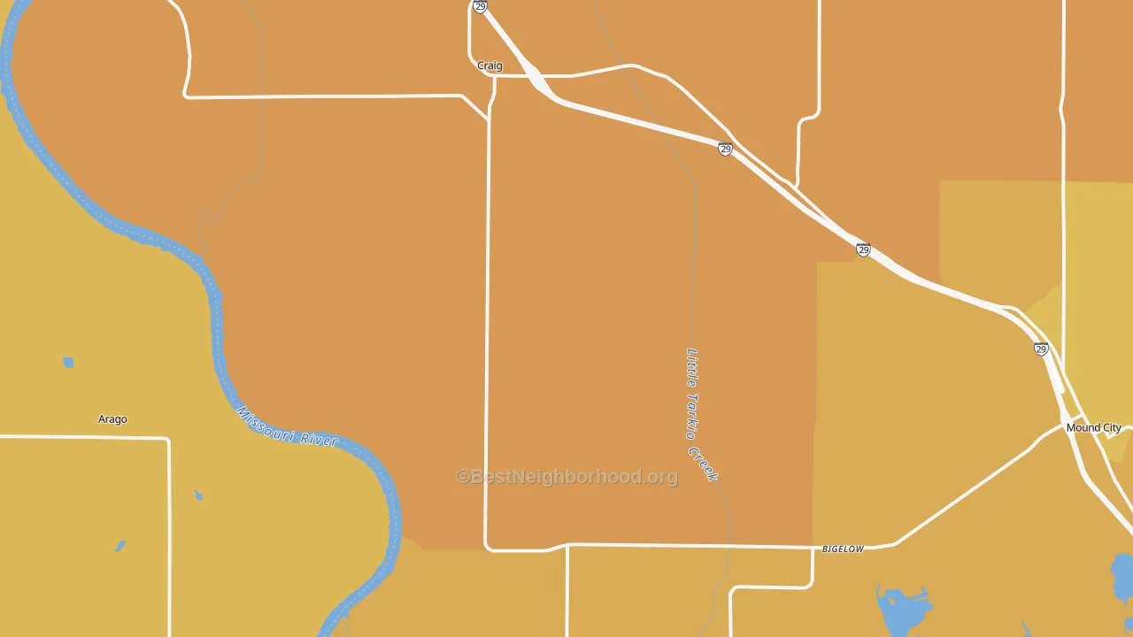 Map of the best neighborhoods in the 64437 area, with better matches in green and worse matches in red
