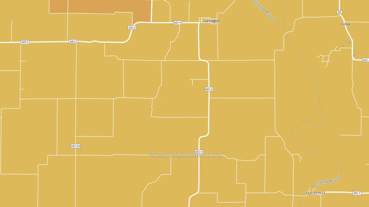 Map of the best neighborhoods in the 64438 area, with better matches in green and worse matches in red