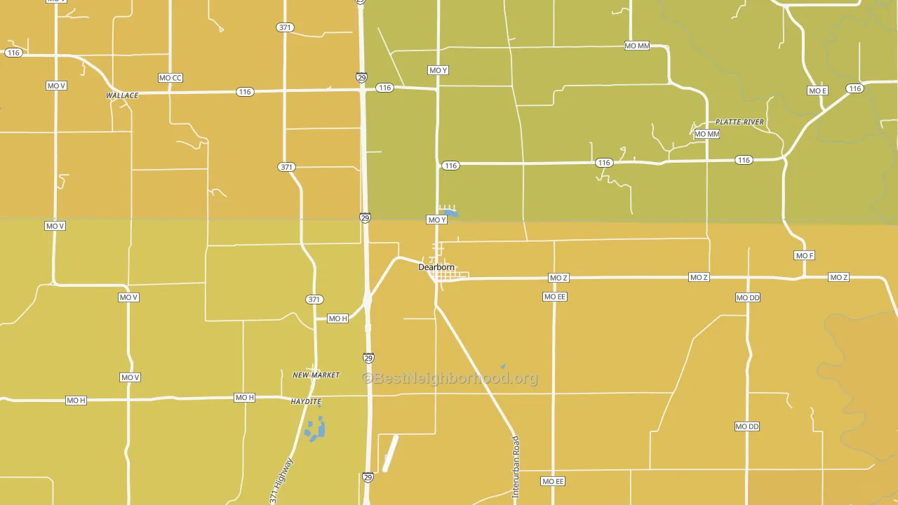 Map of the best neighborhoods in the 64439 area, with better matches in green and worse matches in red