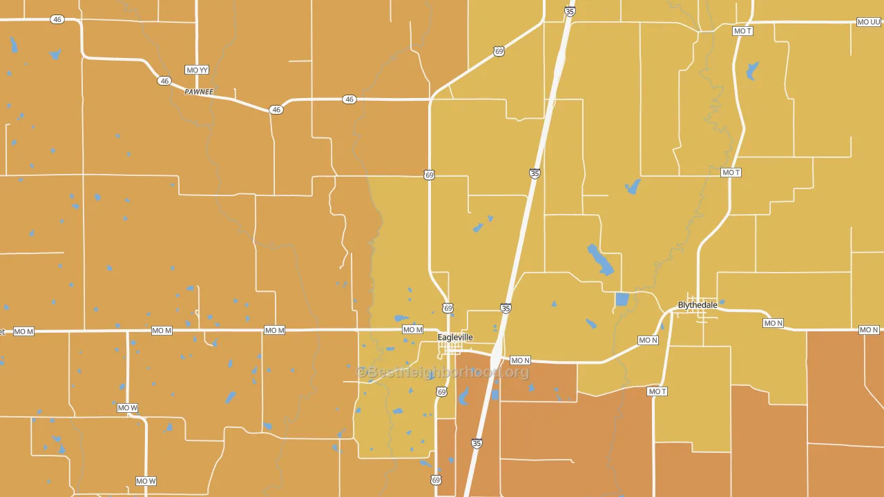 Map of the best neighborhoods in the 64442 area, with better matches in green and worse matches in red
