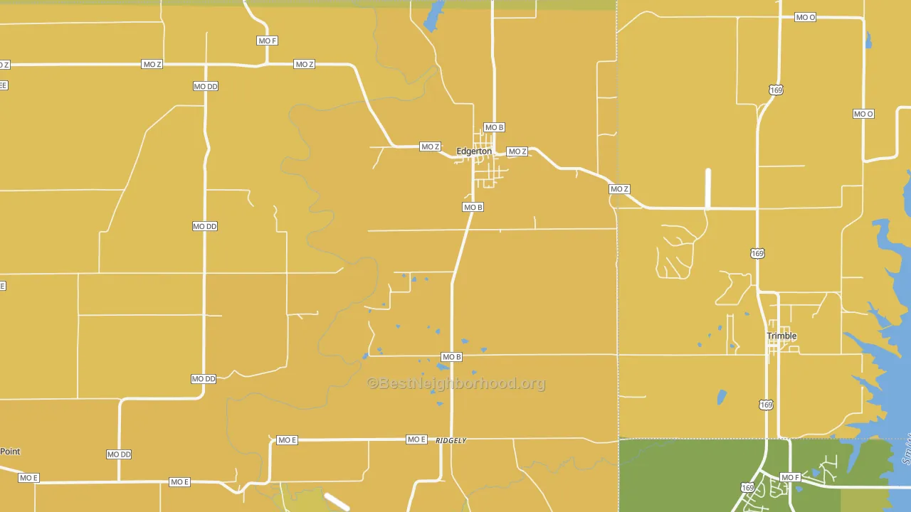 Map of the best neighborhoods in the 64444 area, with better matches in green and worse matches in red