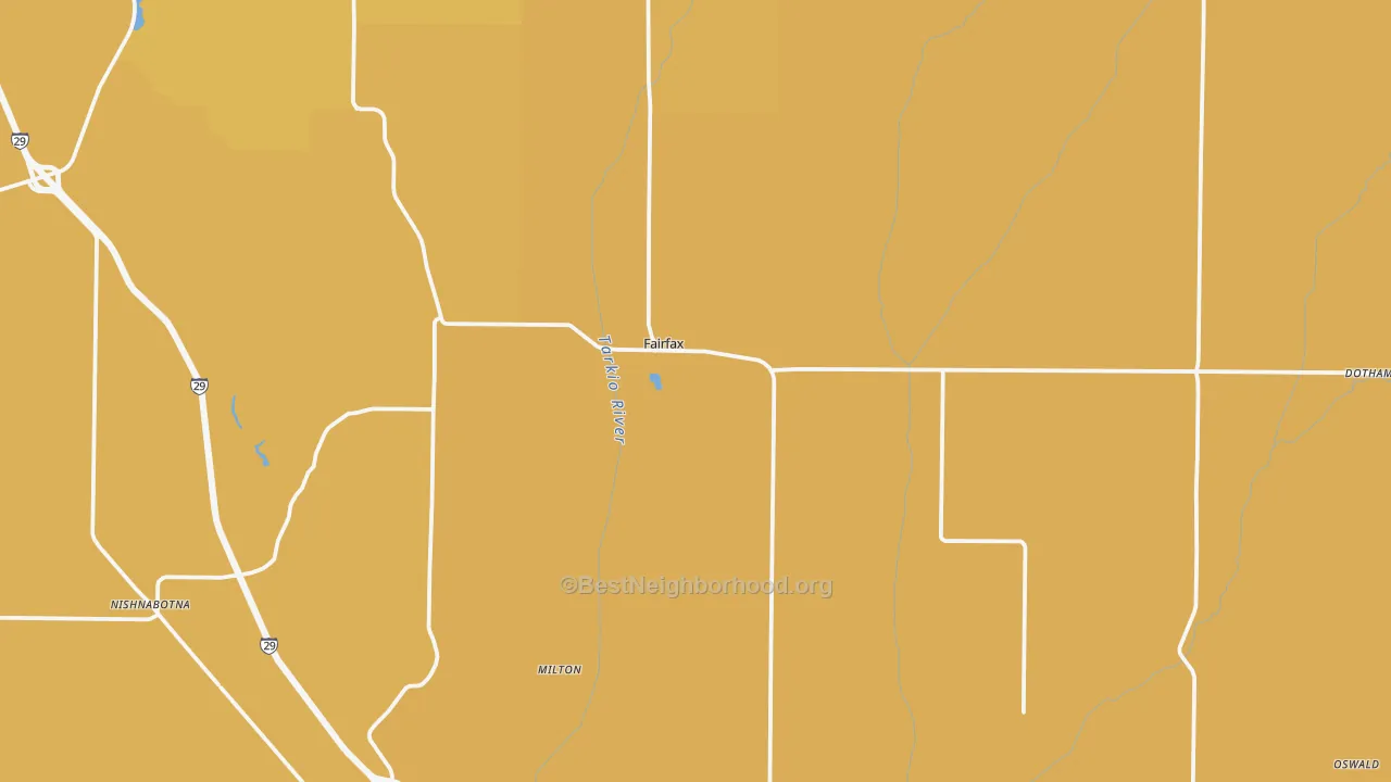 Map of the best neighborhoods in the 64446 area, with better matches in green and worse matches in red