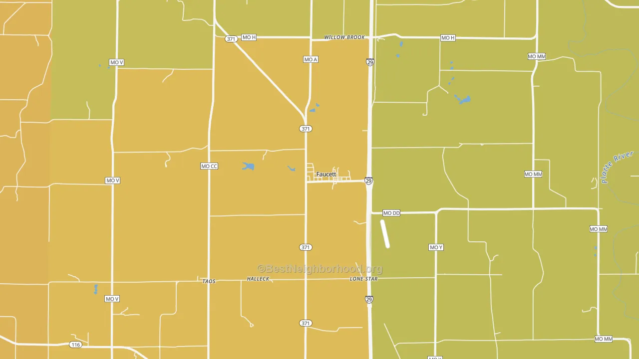 Map of the best neighborhoods in the 64448 area, with better matches in green and worse matches in red