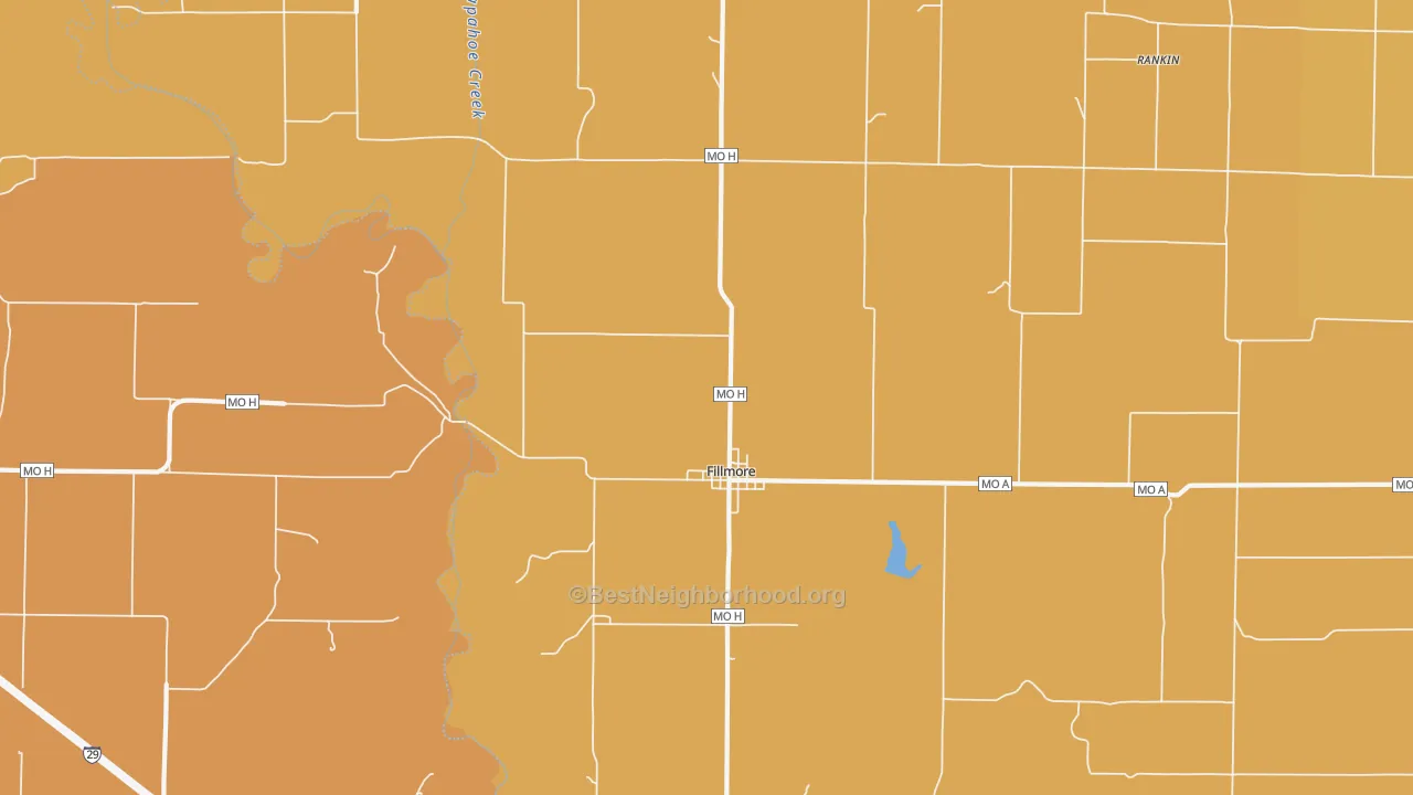 Map of the best neighborhoods in the 64449 area, with better matches in green and worse matches in red