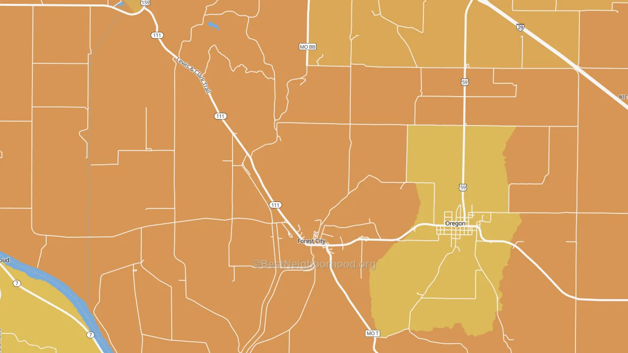 Map of the best neighborhoods in the 64451 area, with better matches in green and worse matches in red