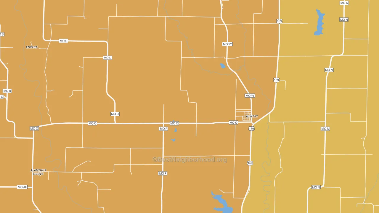 Map of the best neighborhoods in the 64453 area, with better matches in green and worse matches in red