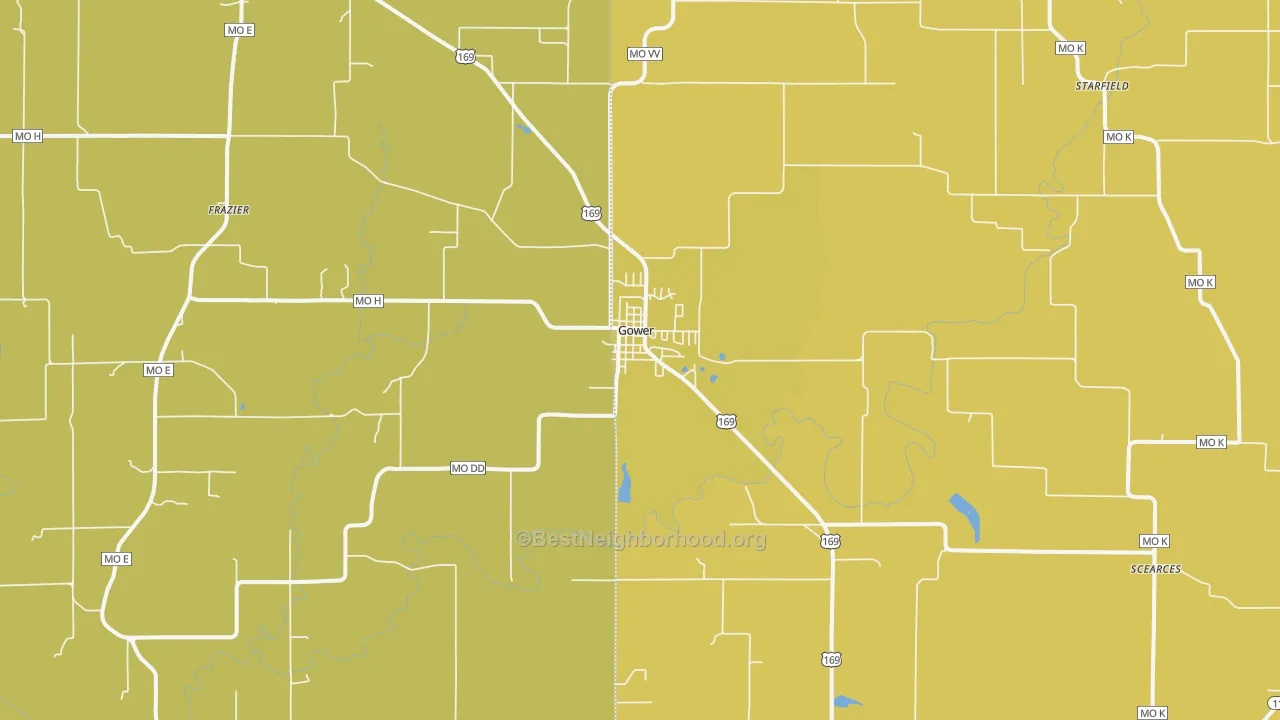 Map of the best neighborhoods in the 64454 area, with better matches in green and worse matches in red