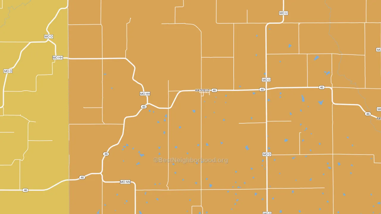 Map of the best neighborhoods in the 64458 area, with better matches in green and worse matches in red