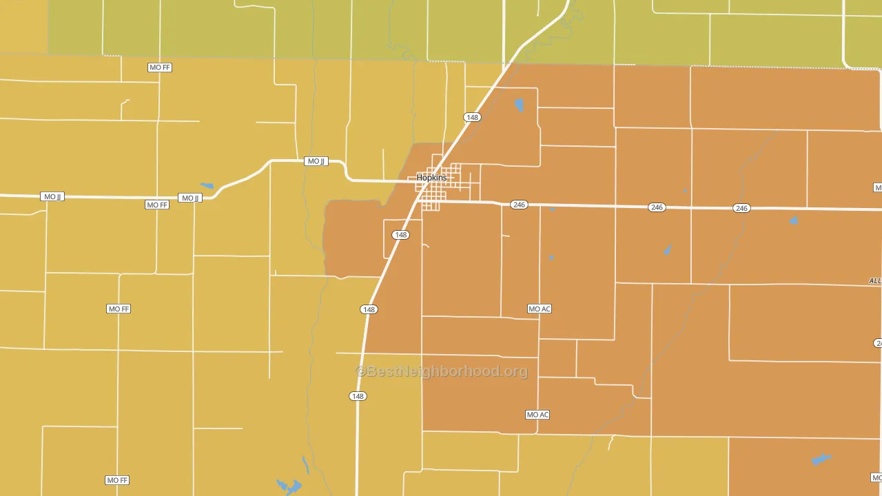 Map of the best neighborhoods in the 64461 area, with better matches in green and worse matches in red
