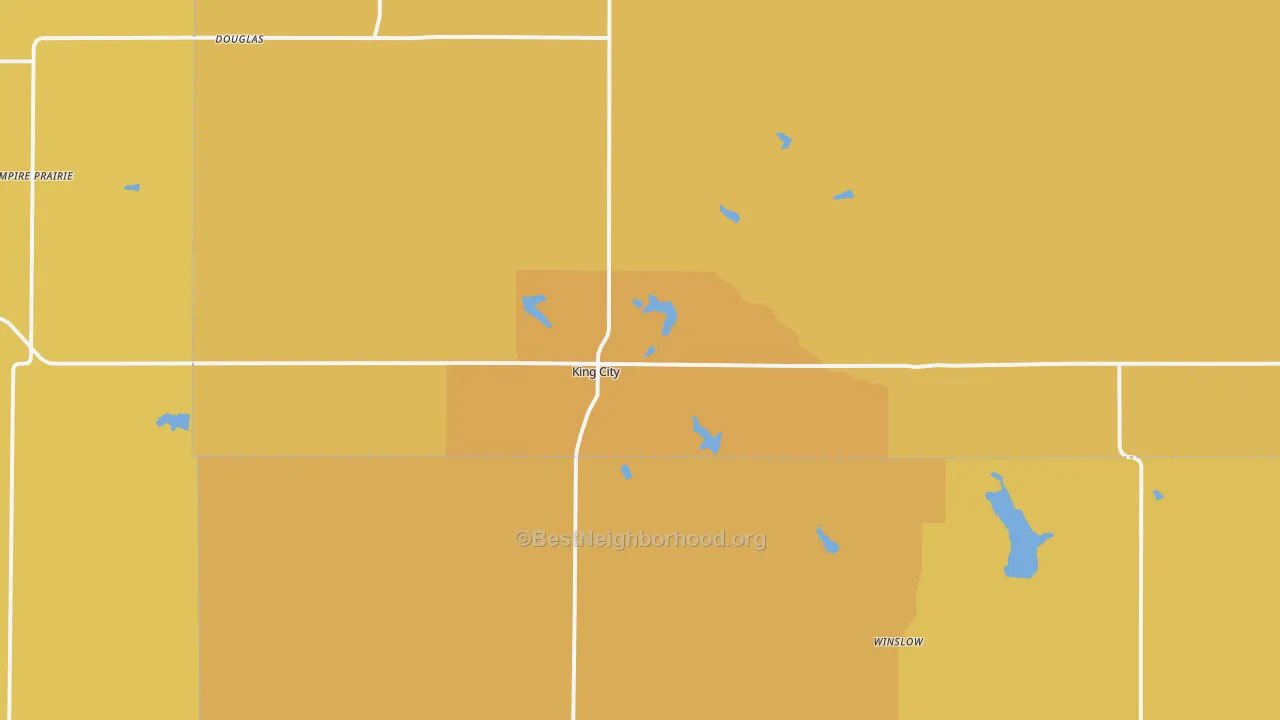 Map of the best neighborhoods in the 64463 area, with better matches in green and worse matches in red
