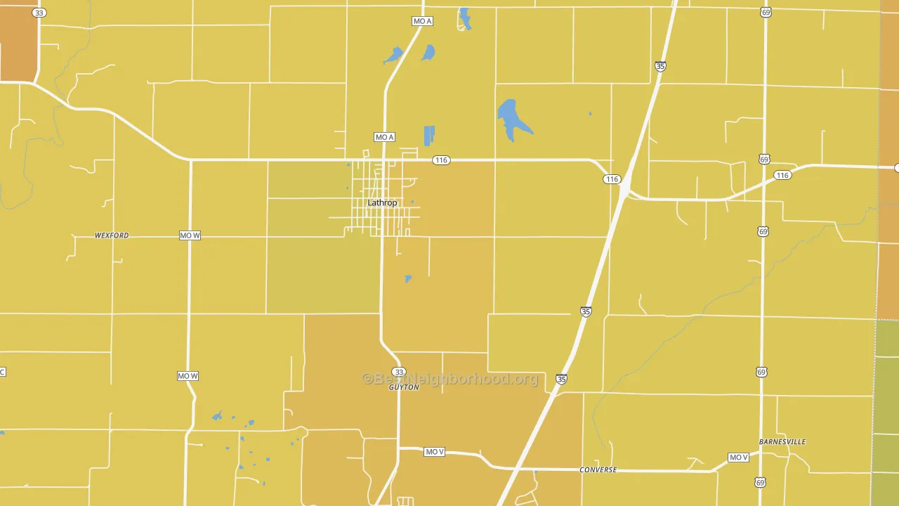 Map of the best neighborhoods in the 64465 area, with better matches in green and worse matches in red