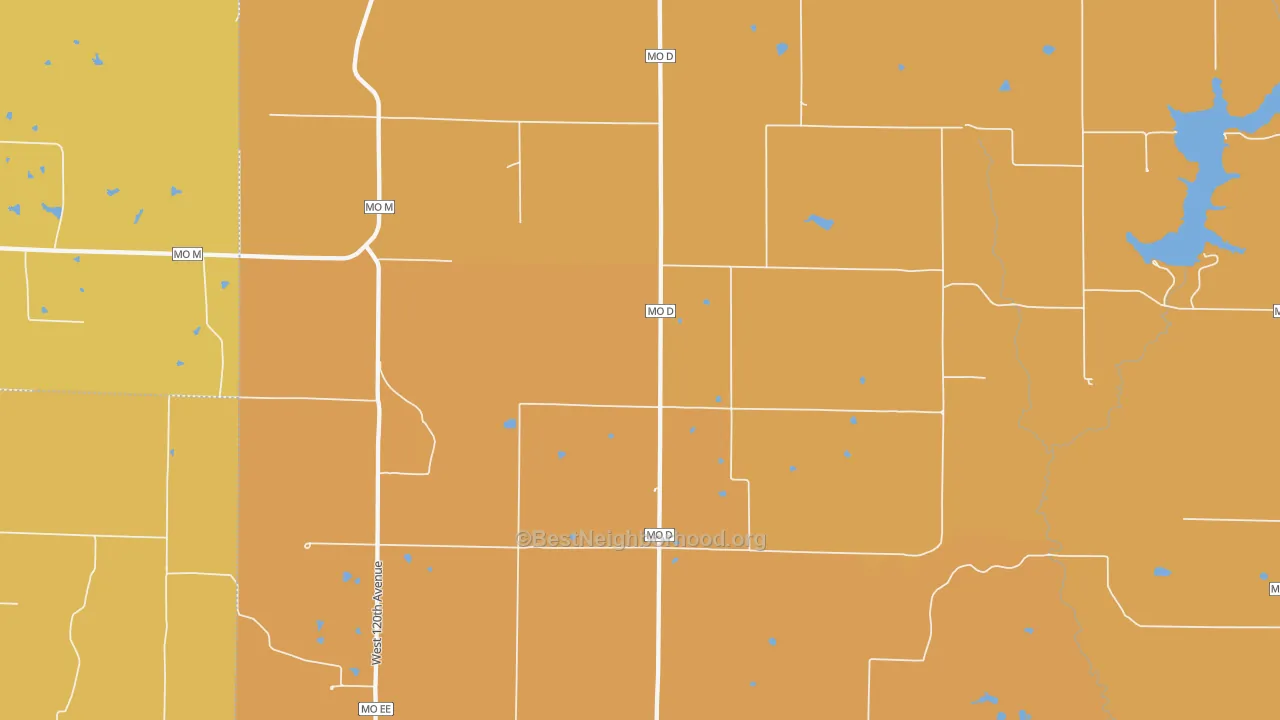 Map of the best neighborhoods in the 64467 area, with better matches in green and worse matches in red