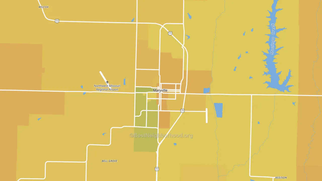 Map of the best neighborhoods in the 64468 area, with better matches in green and worse matches in red