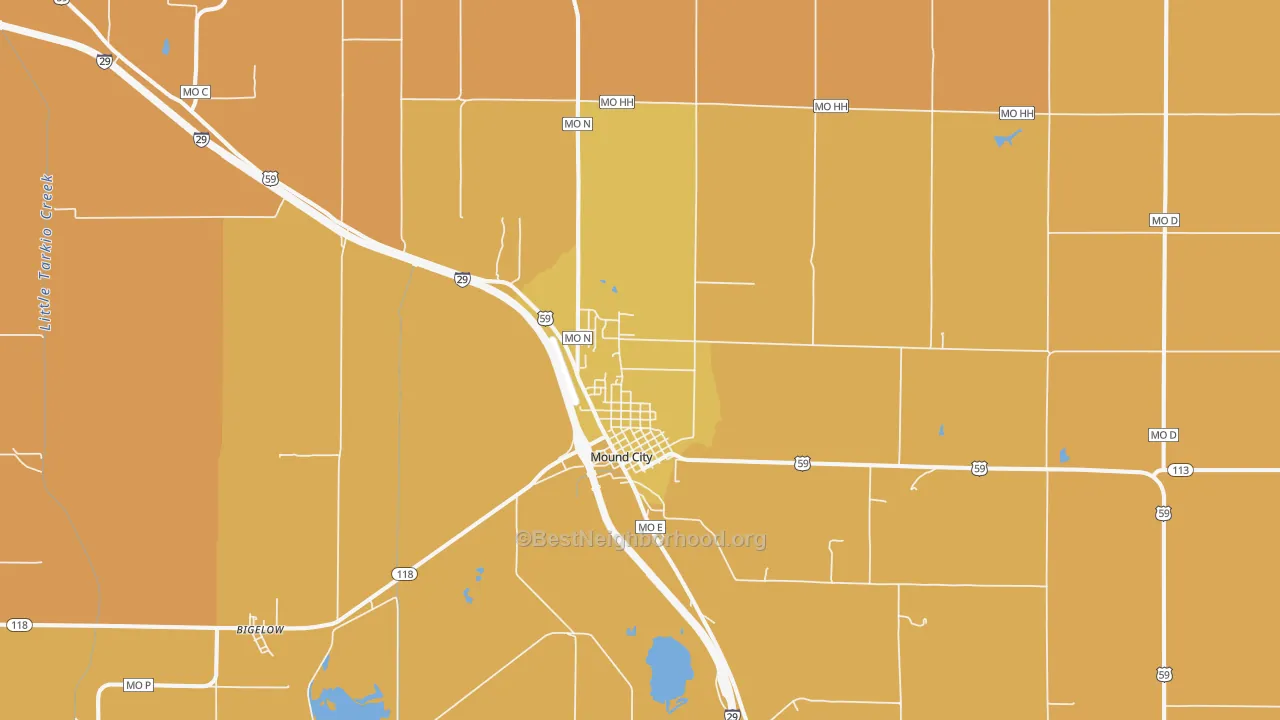Map of the best neighborhoods in the 64470 area, with better matches in green and worse matches in red