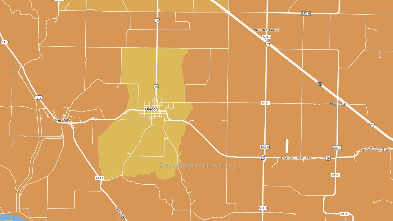 Map of the best neighborhoods in the 64473 area, with better matches in green and worse matches in red