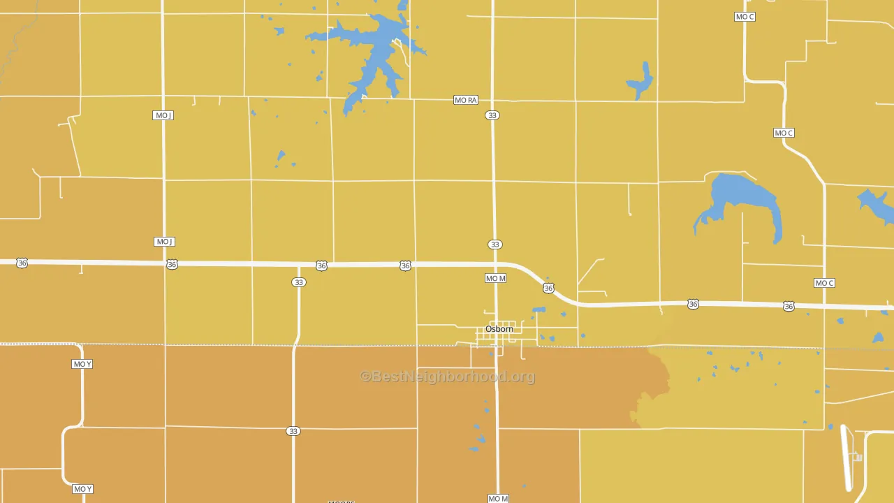 Map of the best neighborhoods in the 64474 area, with better matches in green and worse matches in red