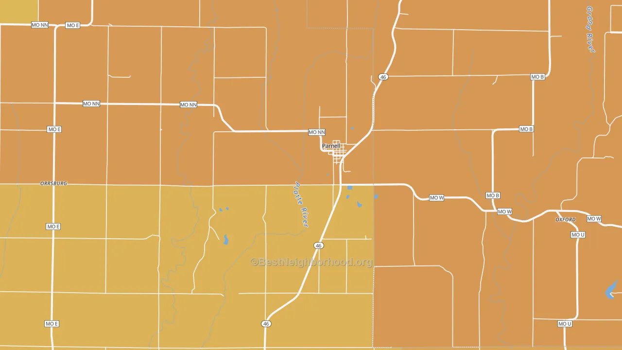 Map of the best neighborhoods in the 64475 area, with better matches in green and worse matches in red