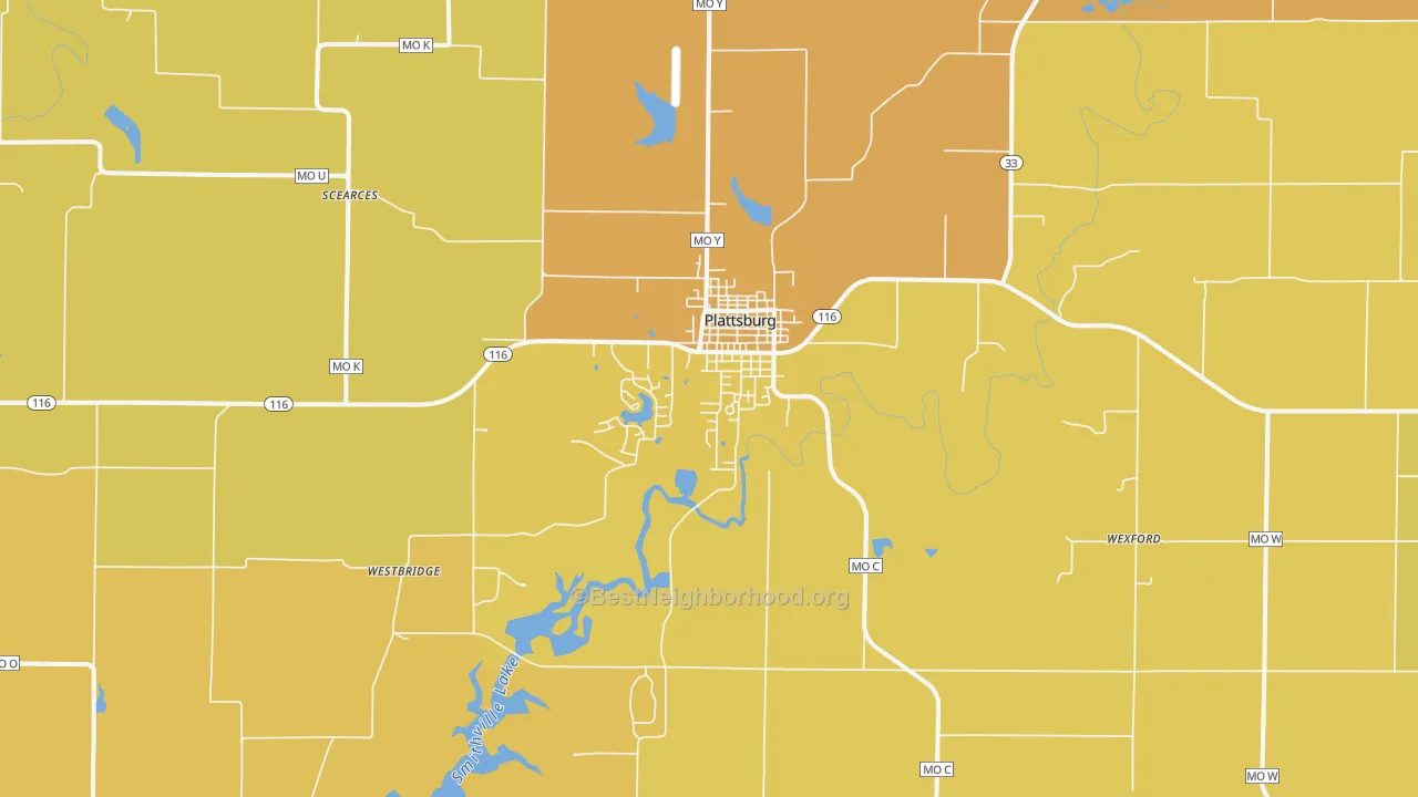 Map of the best neighborhoods in the 64477 area, with better matches in green and worse matches in red