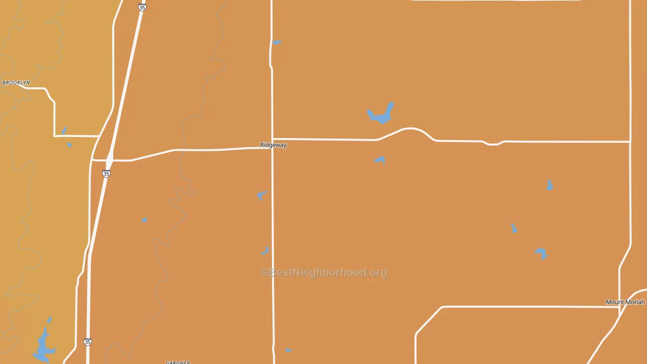 Map of the best neighborhoods in the 64481 area, with better matches in green and worse matches in red