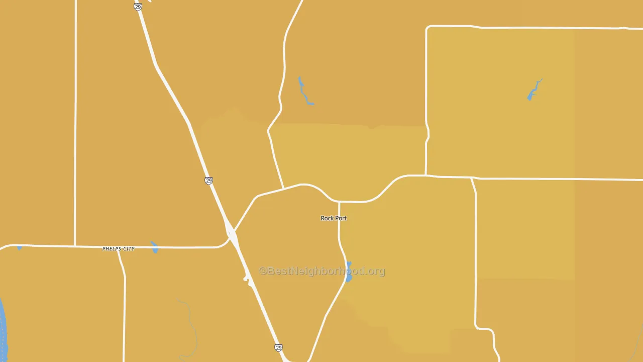 Map of the best neighborhoods in the 64482 area, with better matches in green and worse matches in red