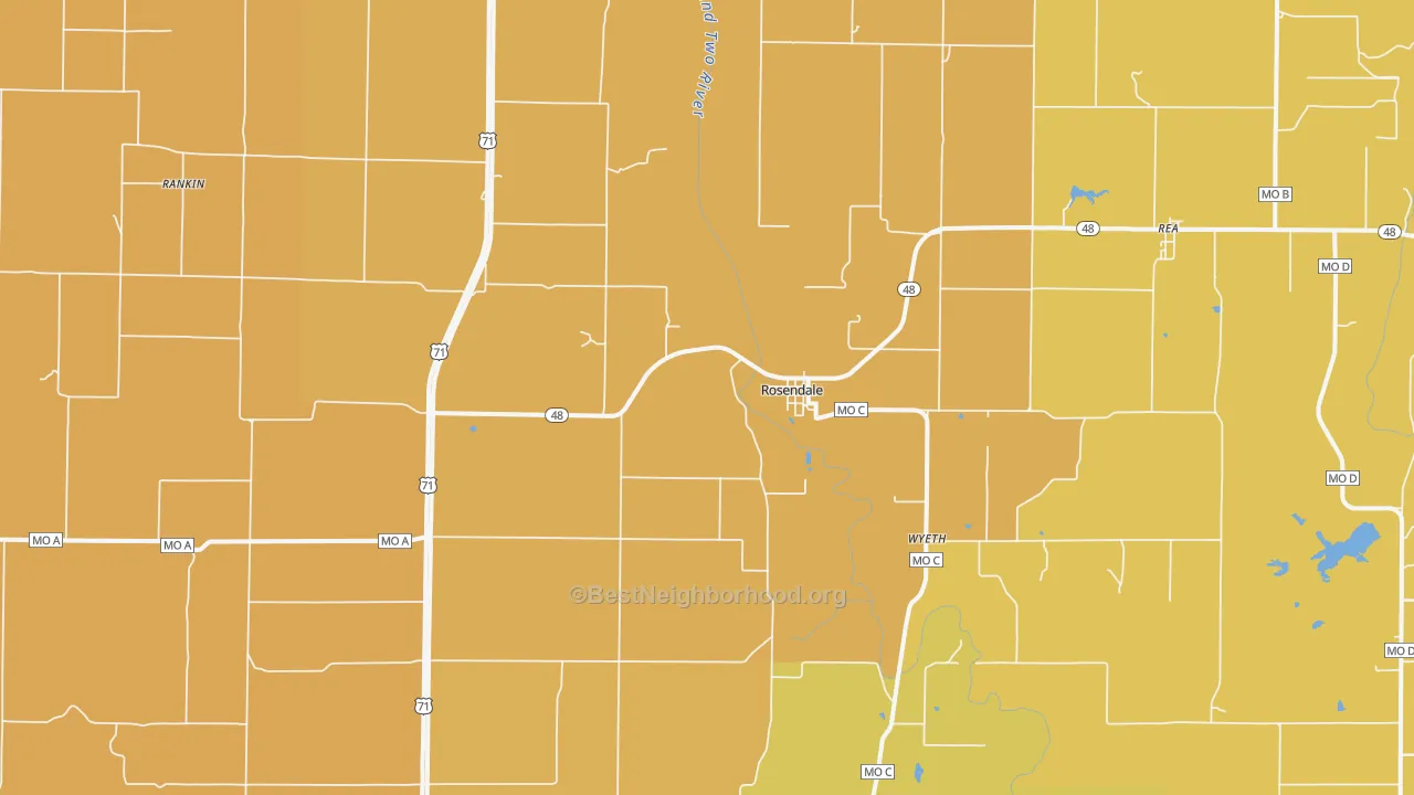 Map of the best neighborhoods in the 64483 area, with better matches in green and worse matches in red