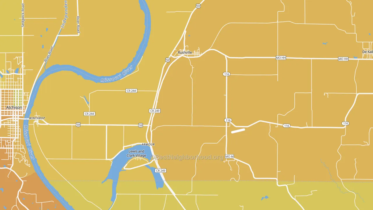 Map of the best neighborhoods in the 64484 area, with better matches in green and worse matches in red
