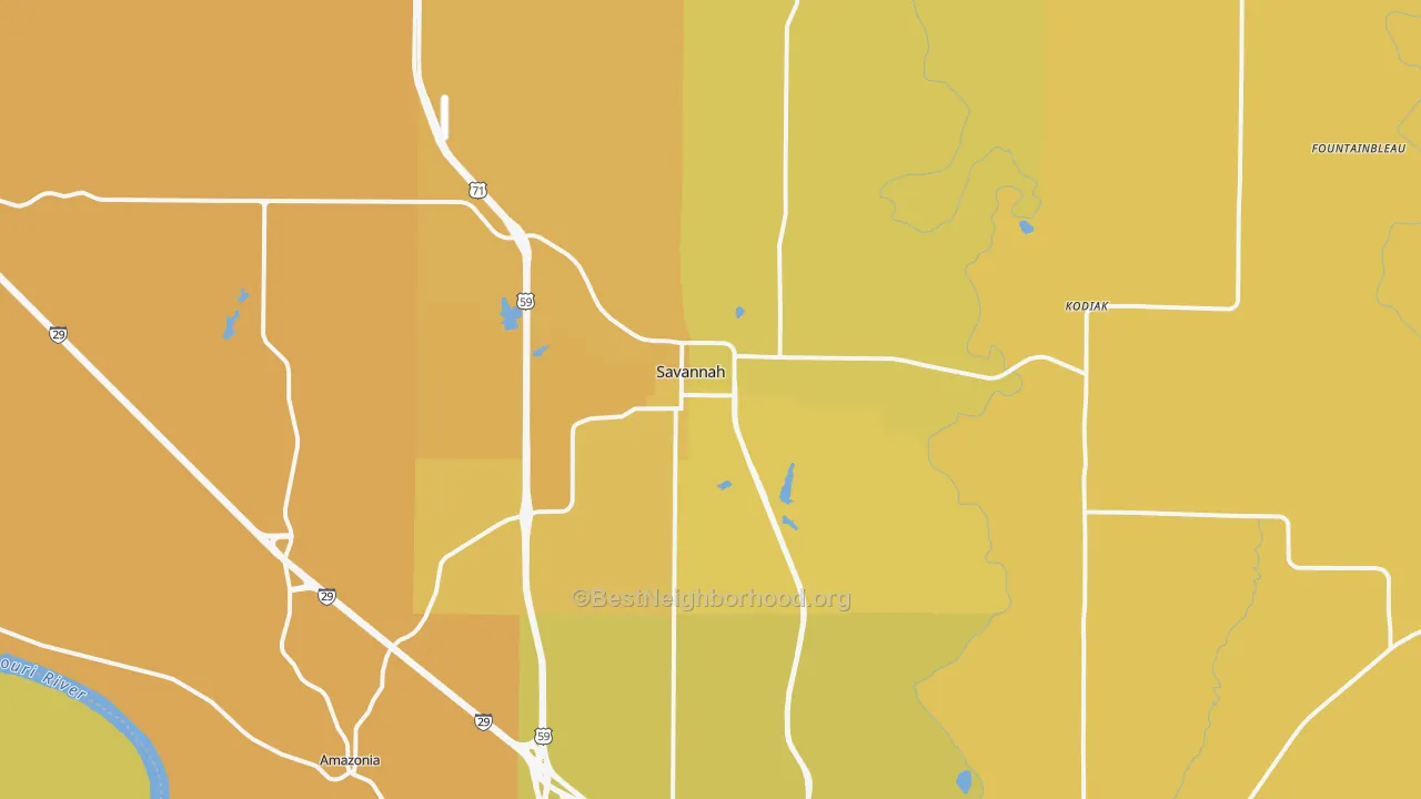Map of the best neighborhoods in the 64485 area, with better matches in green and worse matches in red