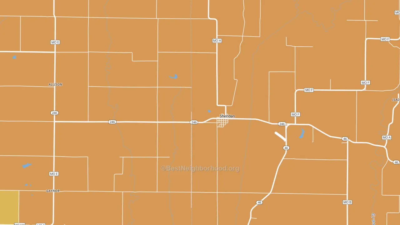 Map of the best neighborhoods in the 64486 area, with better matches in green and worse matches in red
