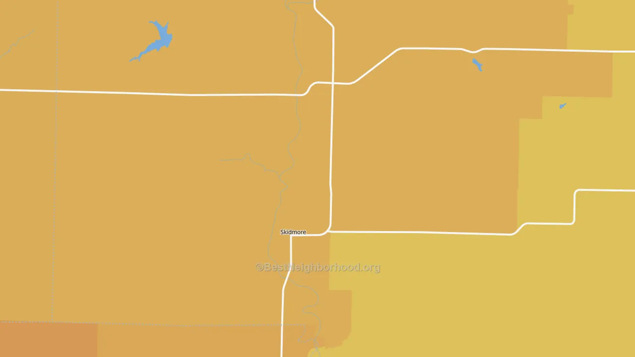 Map of the best neighborhoods in the 64487 area, with better matches in green and worse matches in red