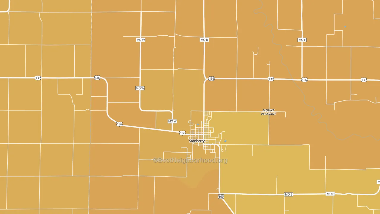 Map of the best neighborhoods in the 64489 area, with better matches in green and worse matches in red