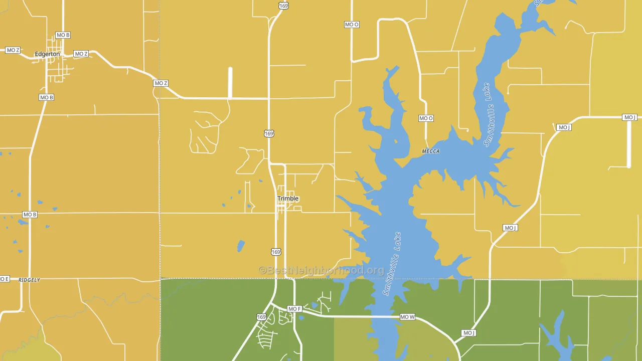 Map of the best neighborhoods in the 64492 area, with better matches in green and worse matches in red
