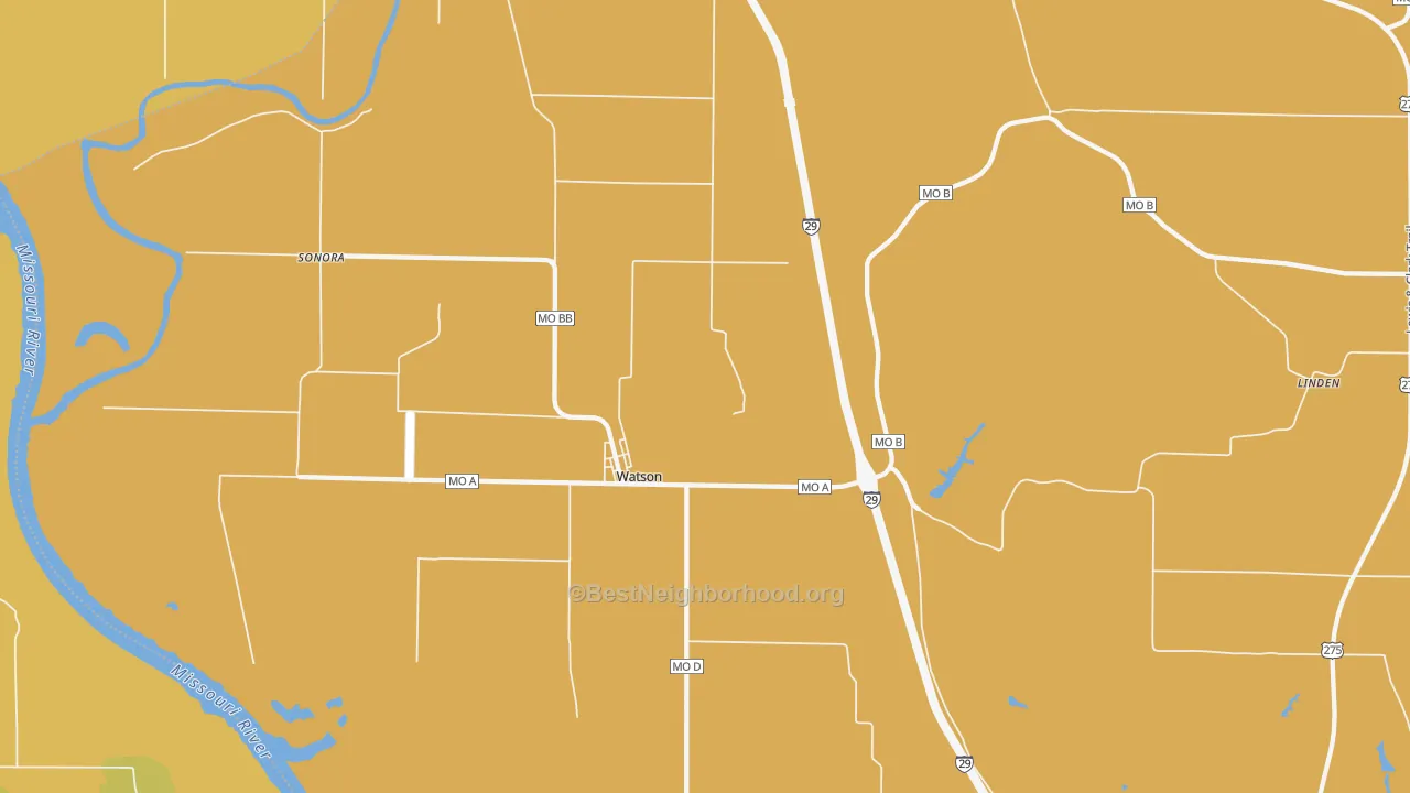 Map of the best neighborhoods in the 64496 area, with better matches in green and worse matches in red