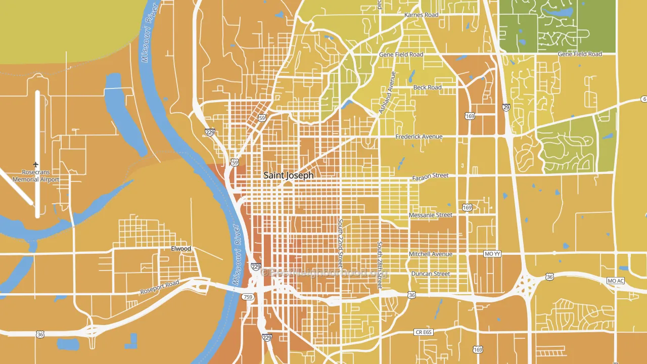 Map of the best neighborhoods in the 64501 area, with better matches in green and worse matches in red