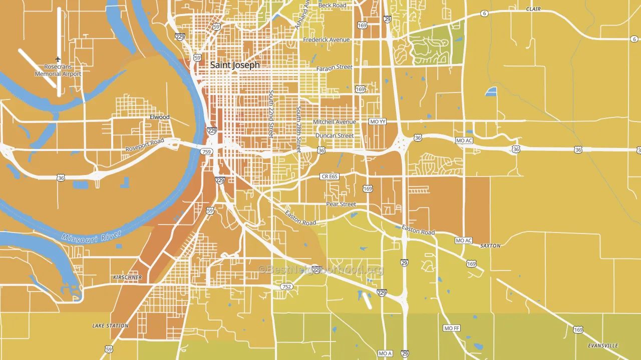 Map of the best neighborhoods in the 64503 area, with better matches in green and worse matches in red