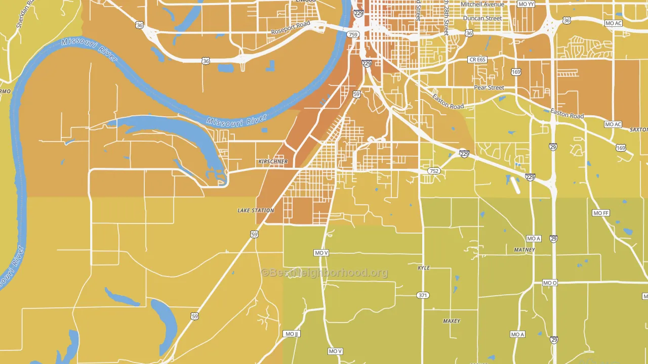 Map of the best neighborhoods in the 64504 area, with better matches in green and worse matches in red