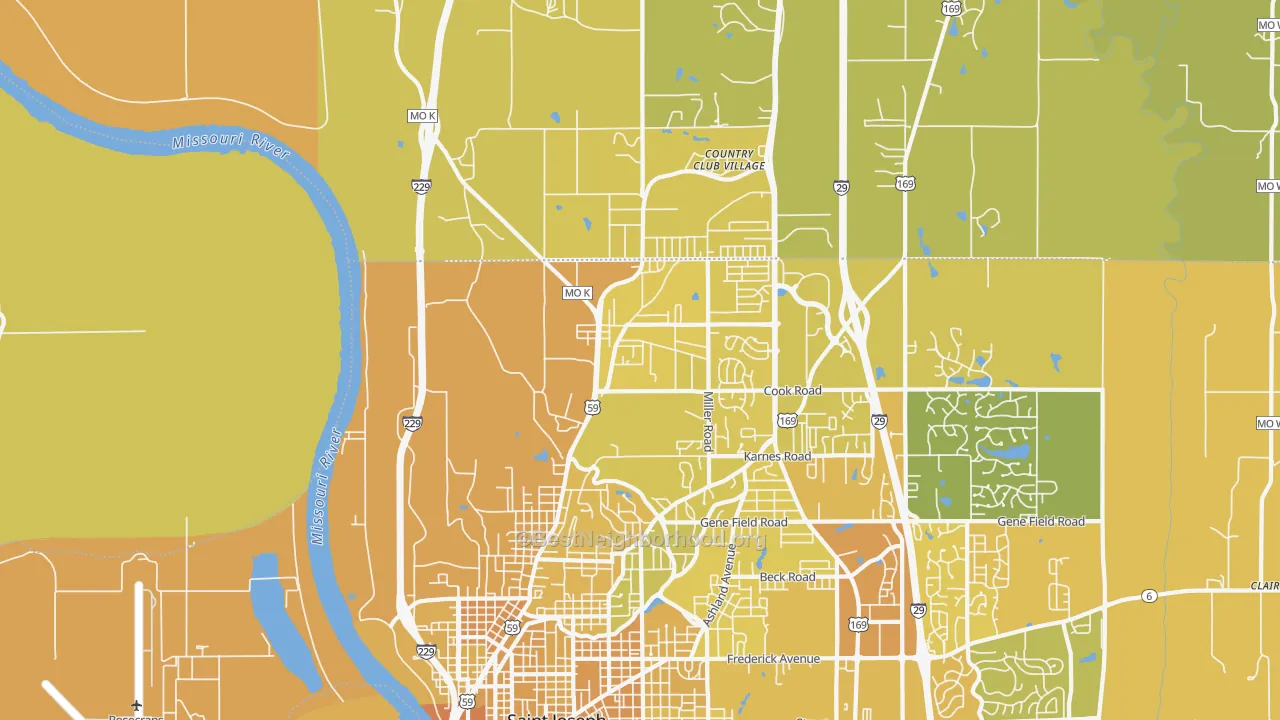 Map of the best neighborhoods in the 64505 area, with better matches in green and worse matches in red