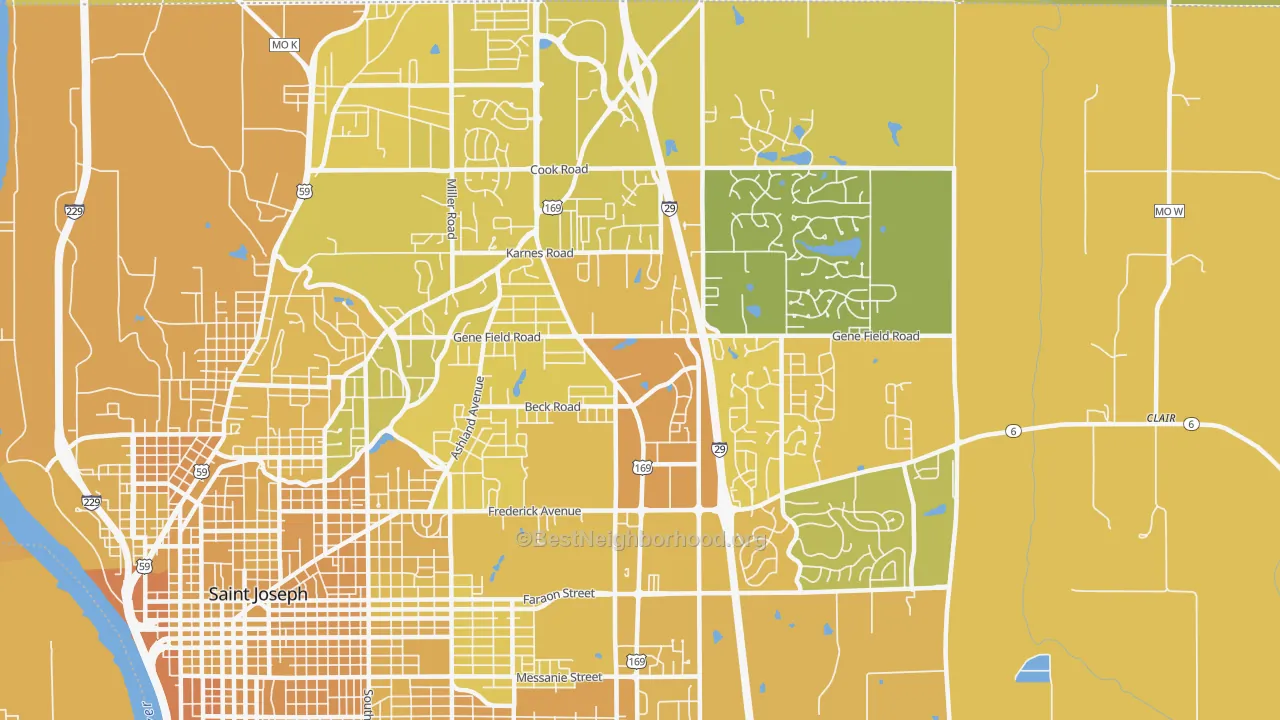 Map of the best neighborhoods in the 64506 area, with better matches in green and worse matches in red