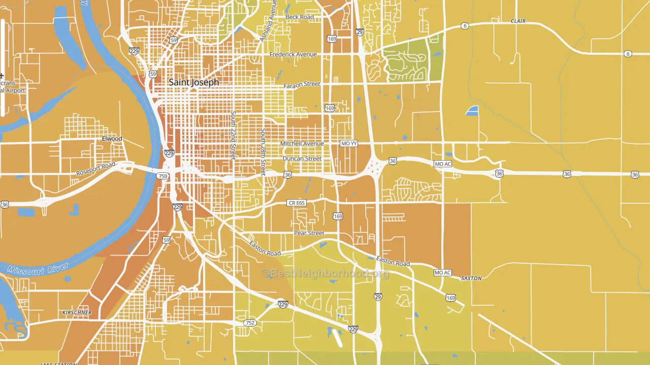 Map of the best neighborhoods in the 64507 area, with better matches in green and worse matches in red
