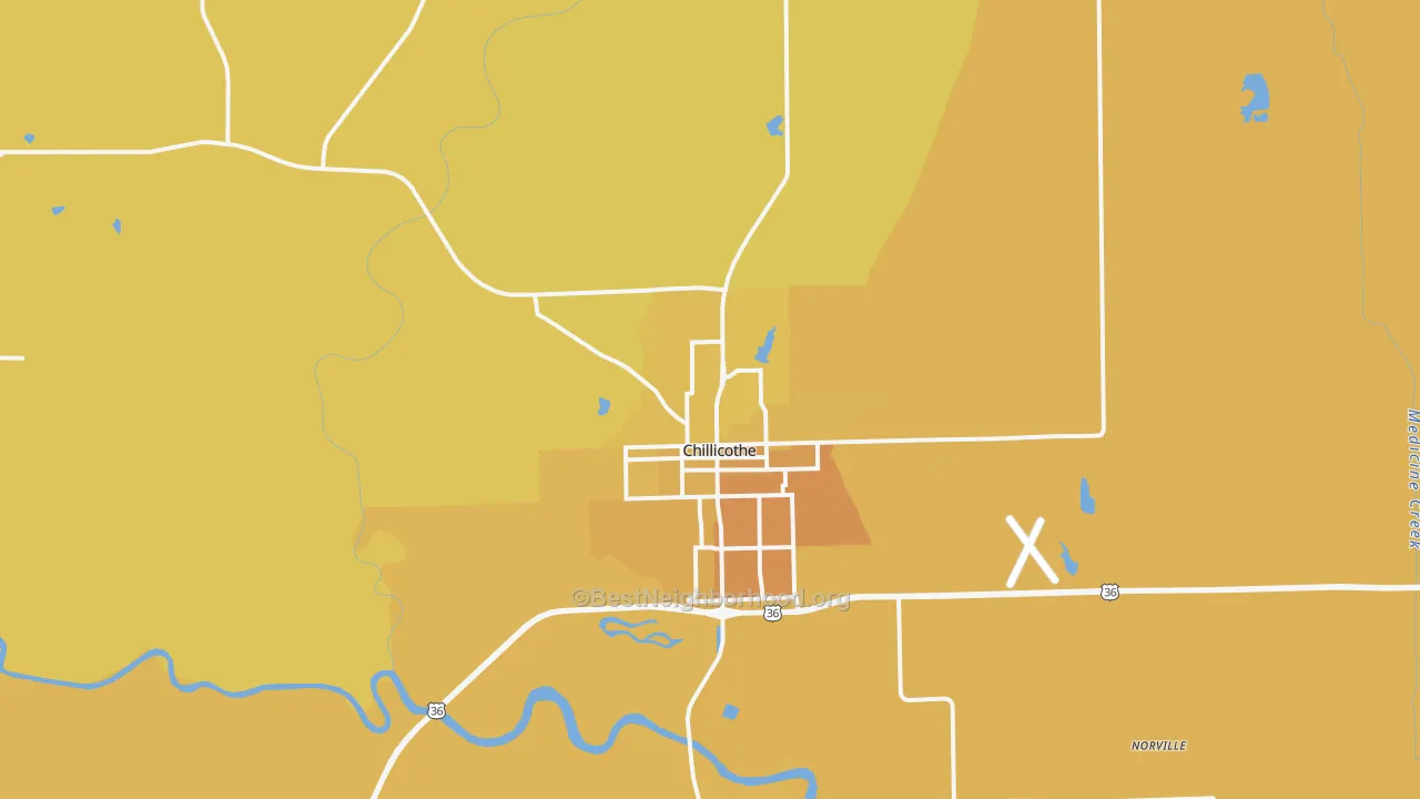 Map of the best neighborhoods in the 64601 area, with better matches in green and worse matches in red
