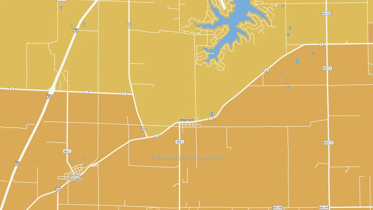 Map of the best neighborhoods in the 64620 area, with better matches in green and worse matches in red
