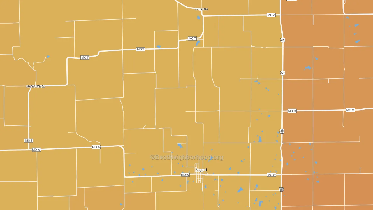 Map of the best neighborhoods in the 64622 area, with better matches in green and worse matches in red