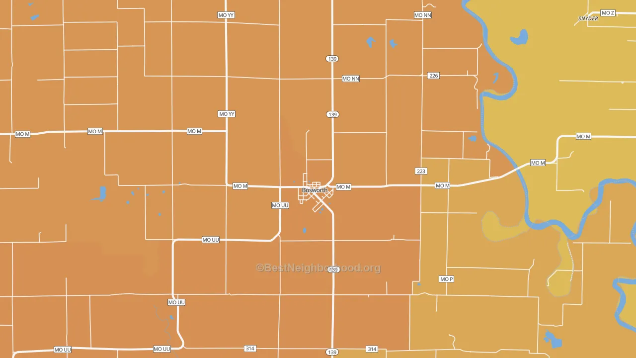 Map of the best neighborhoods in the 64623 area, with better matches in green and worse matches in red