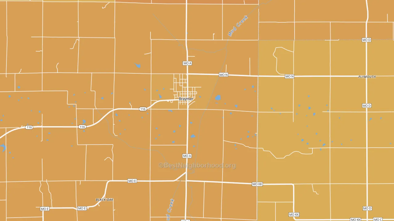 Map of the best neighborhoods in the 64624 area, with better matches in green and worse matches in red