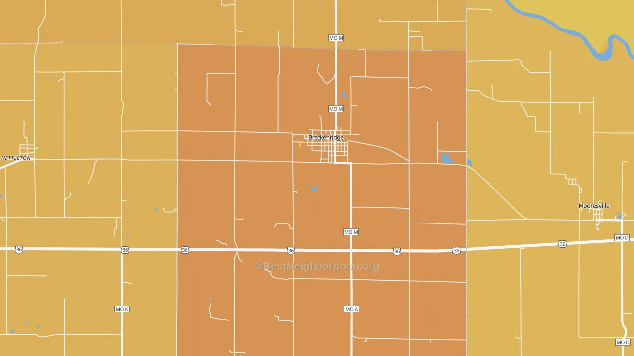 Map of the best neighborhoods in the 64625 area, with better matches in green and worse matches in red