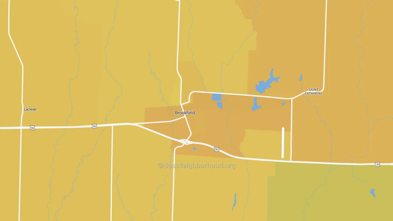 Map of the best neighborhoods in the 64628 area, with better matches in green and worse matches in red